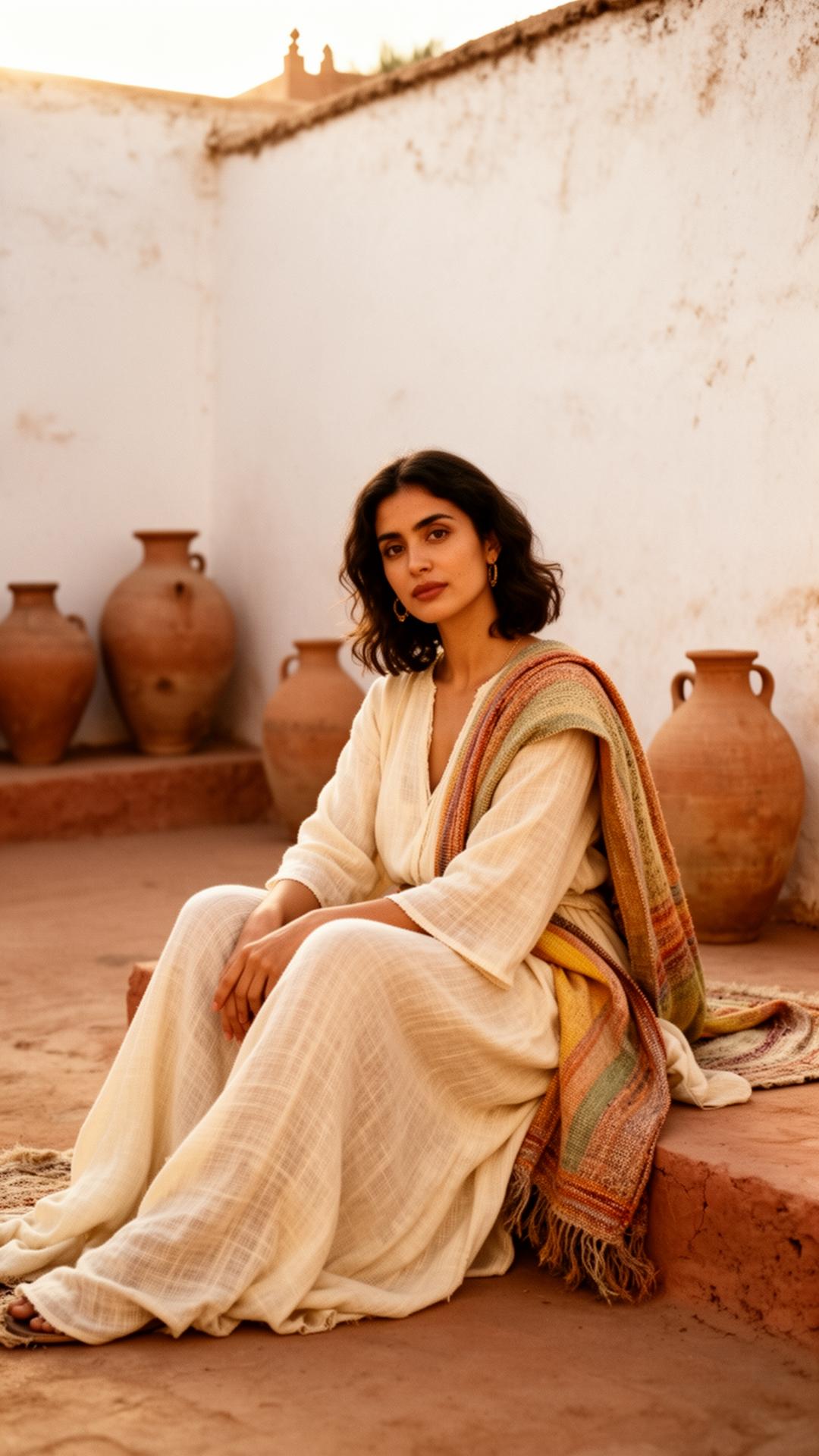 Artisan in handwoven linen and earth-toned textiles in a sunlit Moroccan courtyard